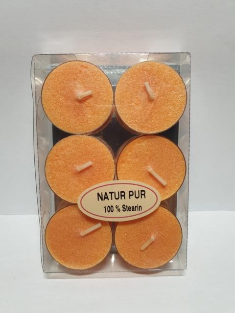 6 Teelichte durchgefärbt 100% Stearin orange